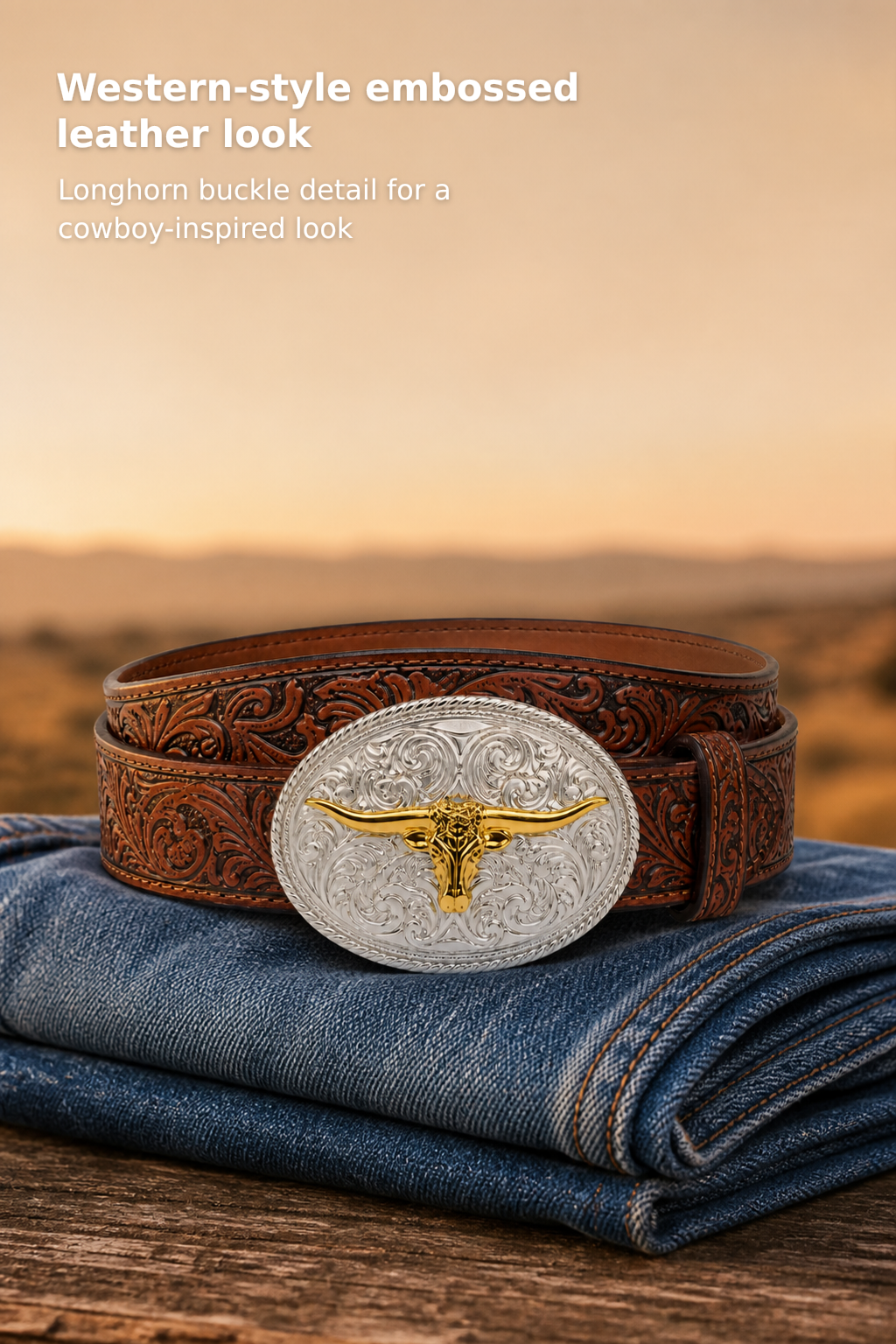 Kids’ Embossed Western Leather Belt with Longhorn Design