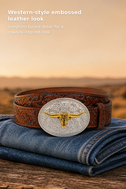 Kids’ Embossed Western Leather Belt with Longhorn Design