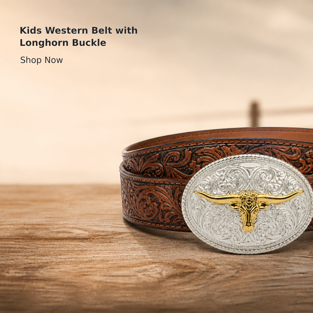 Kids’ Embossed Western Leather Belt with Longhorn Design