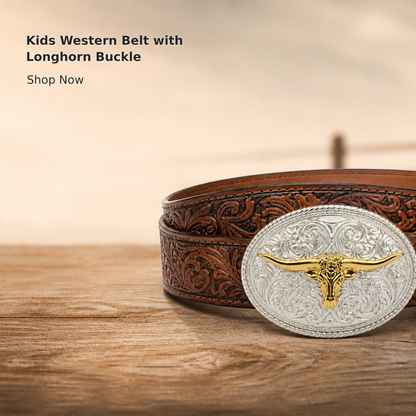 Kids’ Embossed Western Leather Belt with Longhorn Design