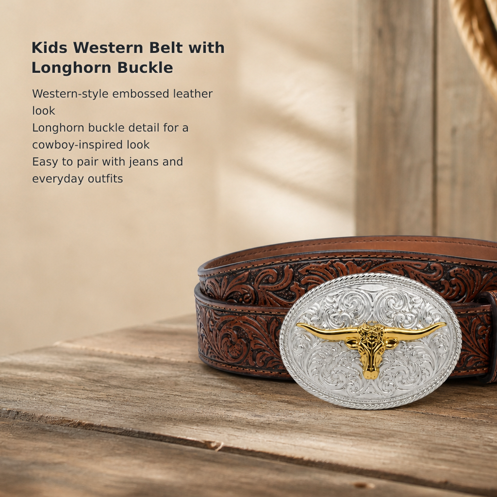 Kids’ Embossed Western Leather Belt with Longhorn Design