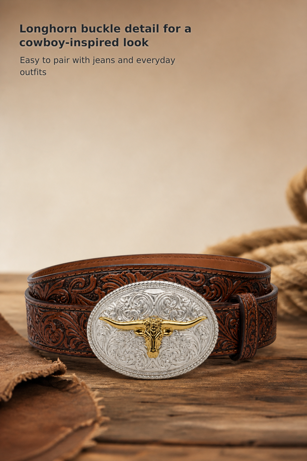 Kids’ Embossed Western Leather Belt with Longhorn Design