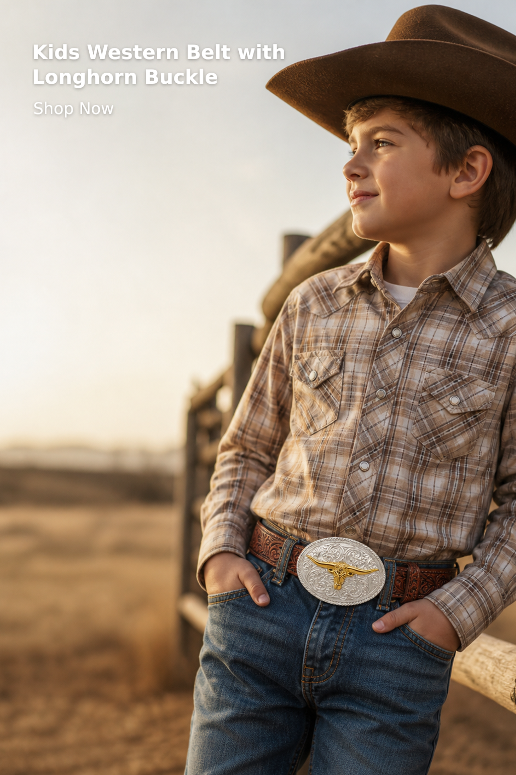 Kids’ Embossed Western Leather Belt with Longhorn Design