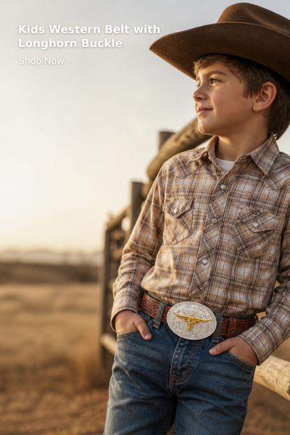 Kids’ Embossed Western Leather Belt with Longhorn Design
